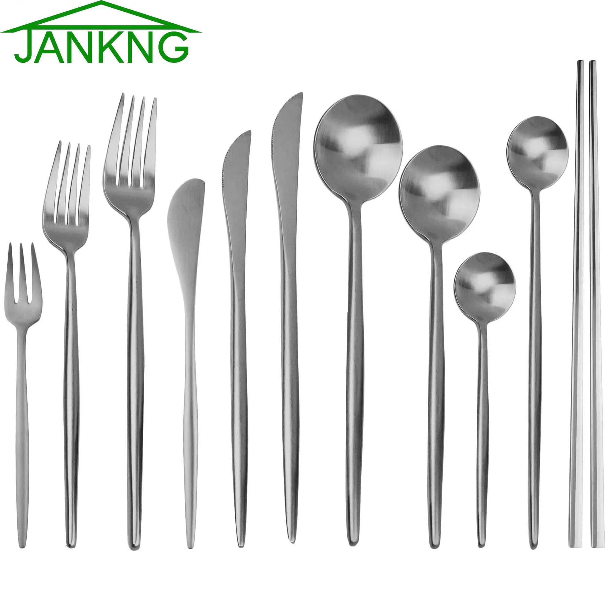 Matte Silver Dinnerware Set 18/10 Stainless Steel Cutlery Set Dessert Fork Knives Spoon Chopsticks Silverware Steak Tableware