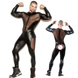 Sexy Men Mesh Patchwork See Through Bodysuit PU Shiny Jumpsuit Erotic Costumes Stage Wear Punk Playsuit Gay Wear Plus Size F52