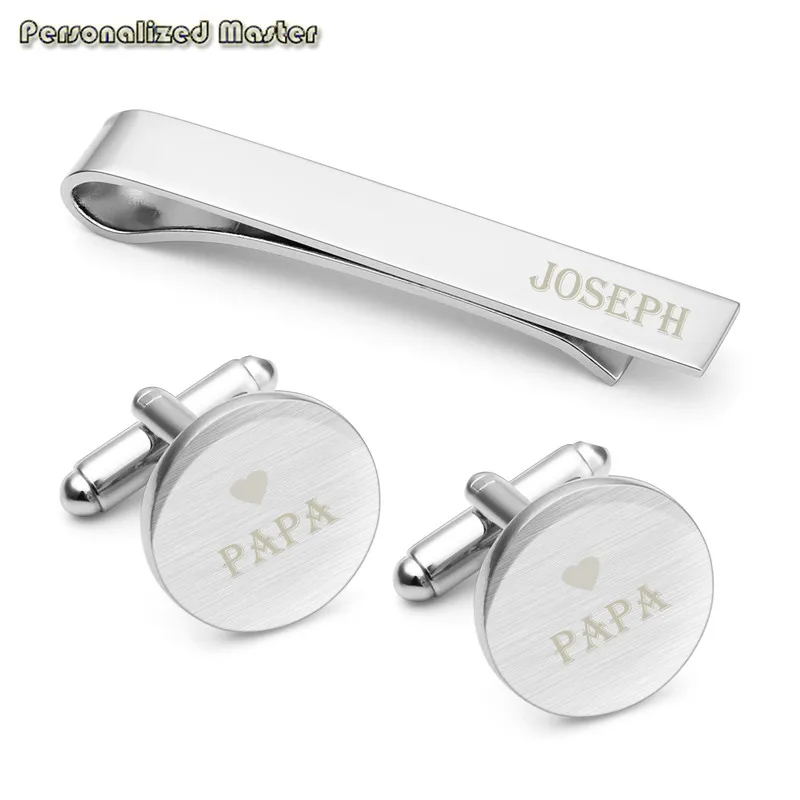 Personalized Master Custom Name Symbol Cufflinks Stainless Steel Cufflinks Tie Clip Bar Set for Mens Shirt Business Wedding Gift