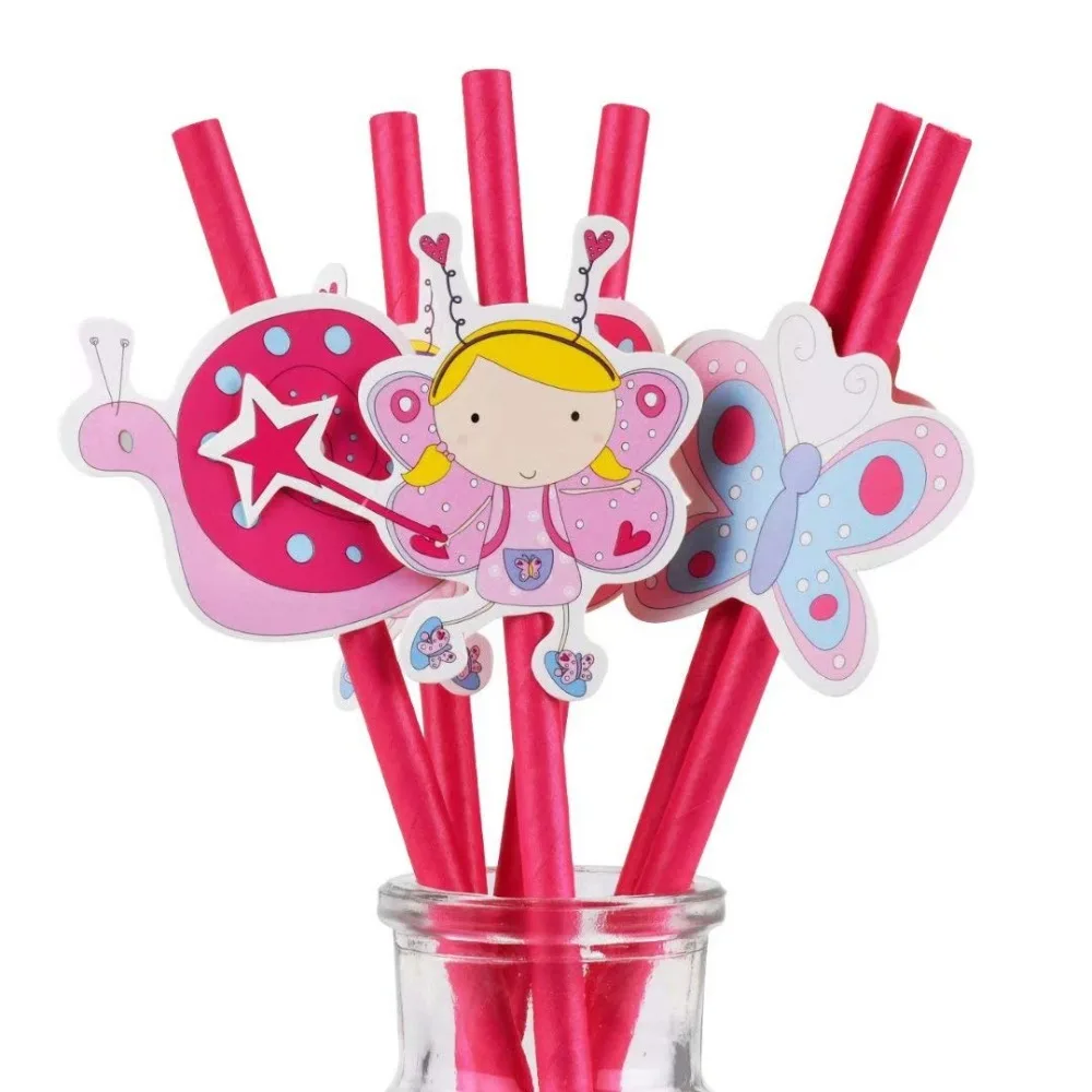 12pcs Biodegradable Paper Straws with Stickers- Red Fairy Stickers Drinking Straws for party supplier