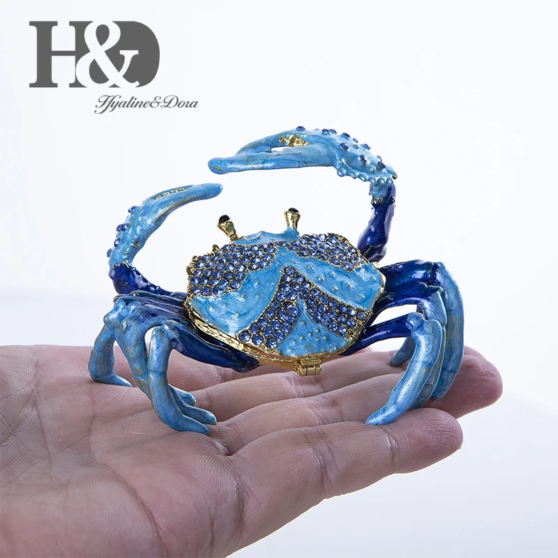 H&D Hand Painted Enameled and Jeweled Crab Trinket Box Ring Holder Hinged Jewelry Collectible Figurine with Gift Box