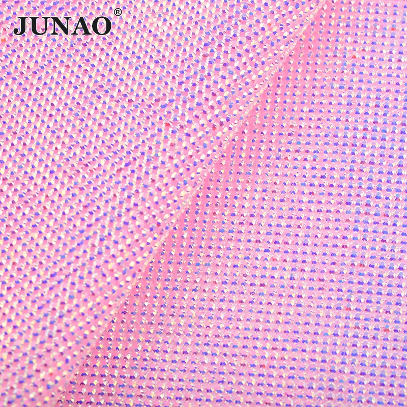 JUNAO SS6 Self Adhesive Pink AB Rhinestone Trim Mesh Fabric Decoration Crystal Ribbon Tape Diamond Strass Applique DIY Crafts