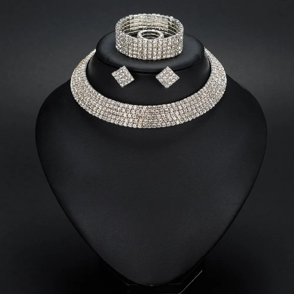 YFJEWE Bride 1-5 Row Classic Rhinestone Choker Necklace Earrings and Bracelet Wedding Jewelry Sets Wedding Accessories N387