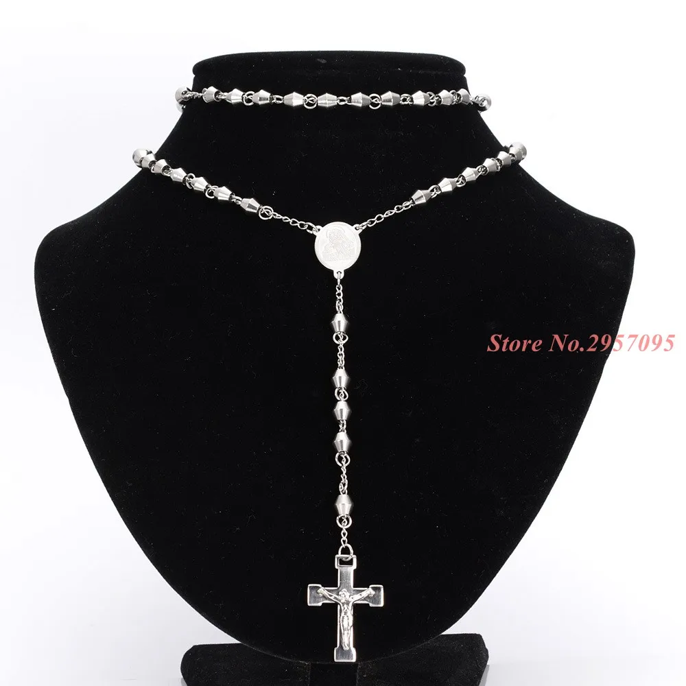 Womens Mens Necklace 4/6mm Stainless Steel Bead Rosary Chain Jesus Christ Cross Pendant Charm Jewelry