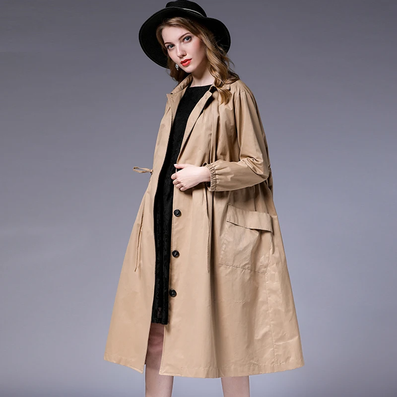 Plus Size Womens Loose Fashion Trench Coat Temperament Elegant Coat Oversize Long Sleeve Collect Waist Solid Autumn Coats New