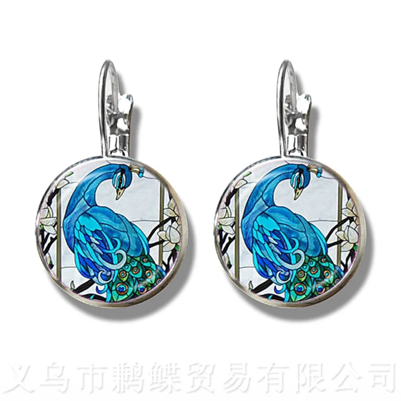 Peacock Pattern Glss Dome Earrings New Fashion Round Glass Peacock Feathers 16mm Glass Dome Stud Earrings For Women