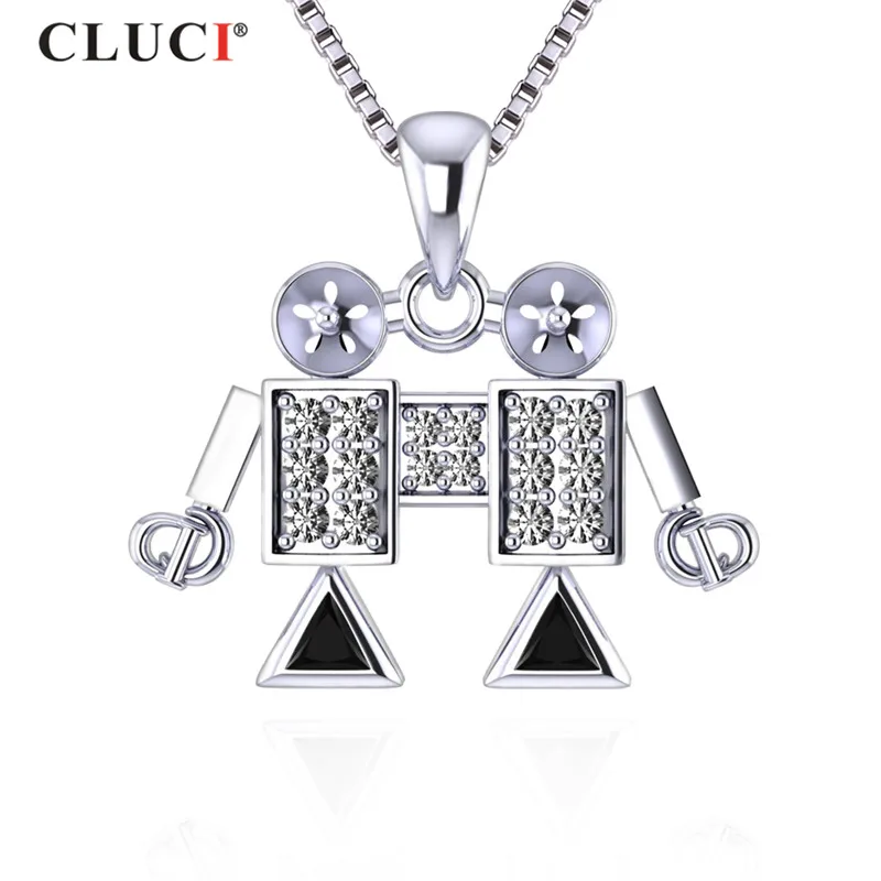 CLUCI Silver 925 Robot Shape Charms Pendant for Women Necklace Sterling Silver Zircon Pearl Pendant Mounting Jewelry SP399SB