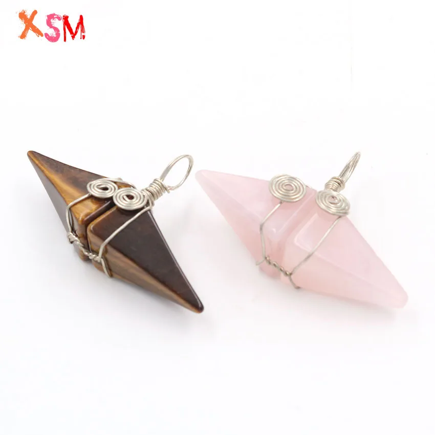 XSM Silver Plated Natural Rose Quartzs Tiger Eye Stone Pyramid Double Cusp Wire Wrap Handmade Pendant Jewellery 1 Pcs