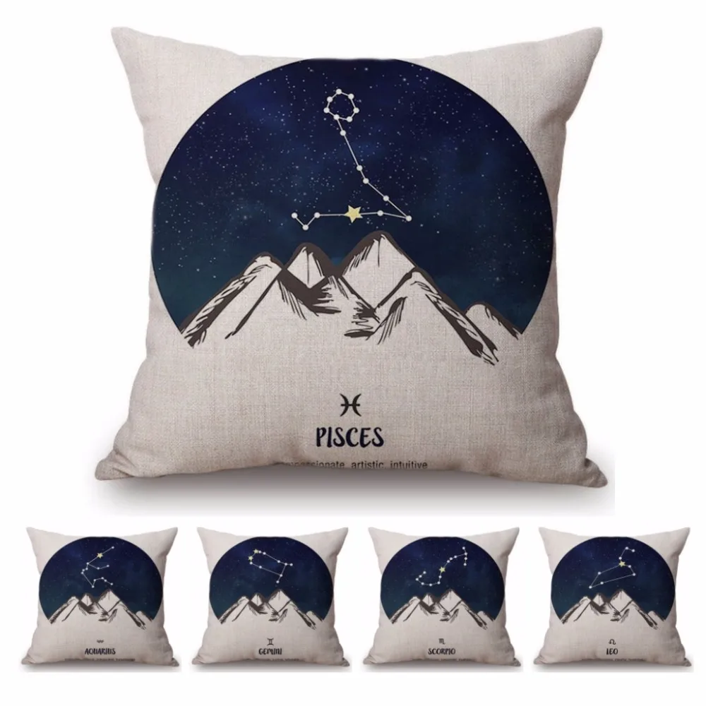 Nordic 12 Zodiac Sign Astrology Pisces Dark Blue White Cotton Linen Decorative Sofa Throw Pillow Case Europe Cushion Cover Case