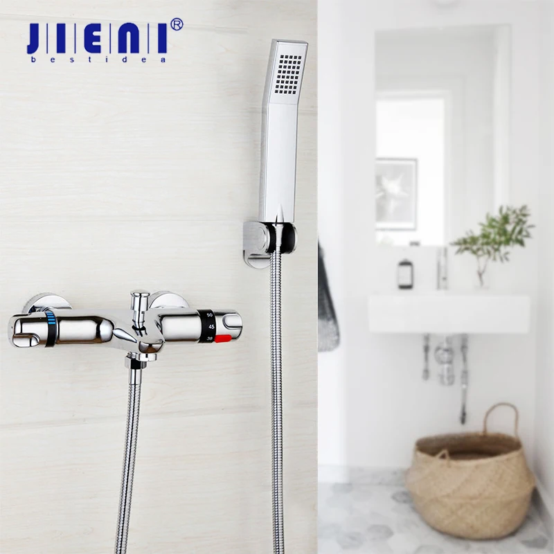 JIENI Basin Faucet Set Exposed Shower Faucet New Wall Mounted Thermostatic Mixer Taps Chrome Brass Bathtub Sink Faucet