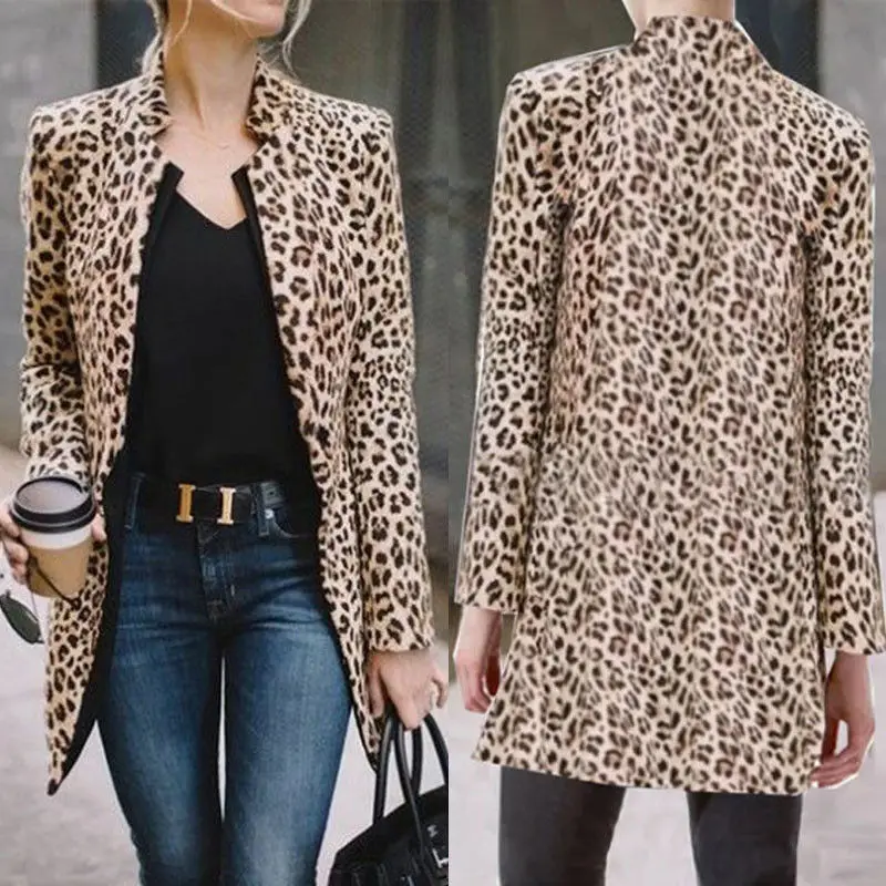 hirigin OL Leopard Printed Long Jacket Women Warm Workwear Winter Stylish Wide-waisted Cardigans Full Sleeve Coat S-2XL