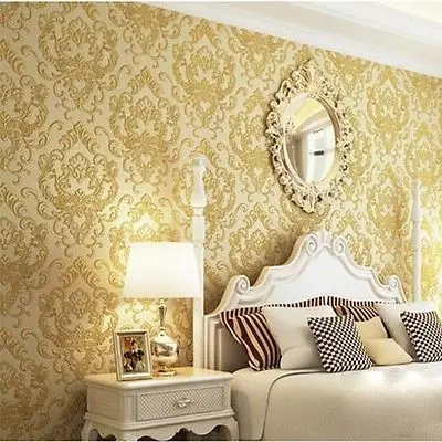 

Q QIHANG High-Grade European Non-woven Wallpaper Embossed 3D Damascus Gold&yellow 0.53m*10m=5.3m2