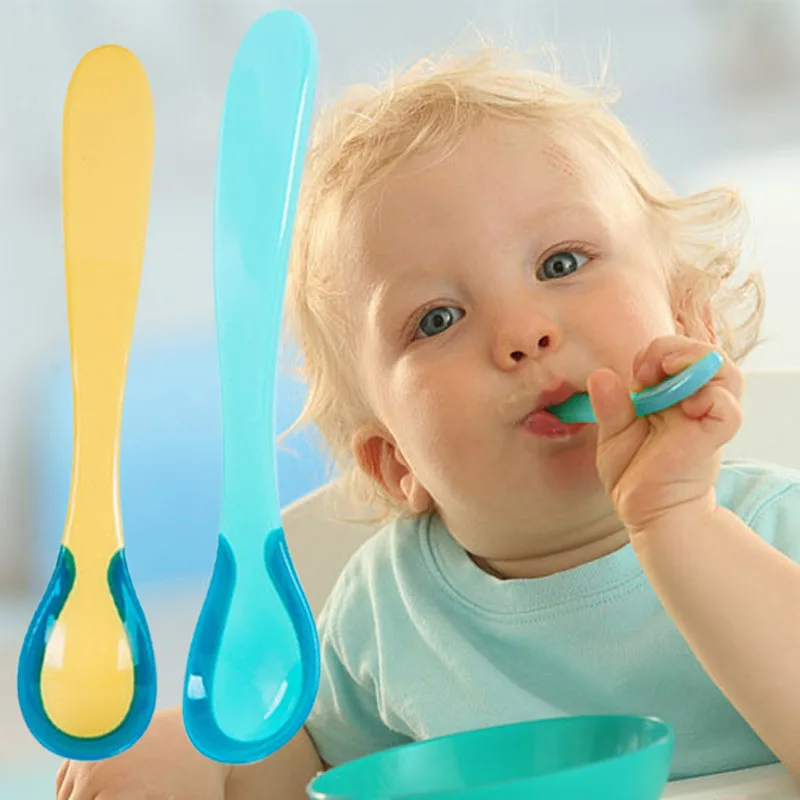 2 PC Baby อุณหภูมิช้อนความปลอดภัยซิลิโคน Flatware ช้อนสำหรับเด็ก Self Feeding เด็กทารกอาหารเด็ก B0808