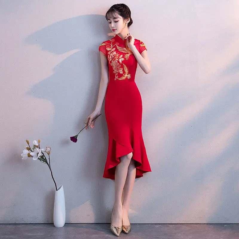 Red Mermaid Wedding Dress Elegant Traditional Evening Gown Cheongsam Dress Sexy Long Qipao Embroidery Bridesmaid Dresses Wine