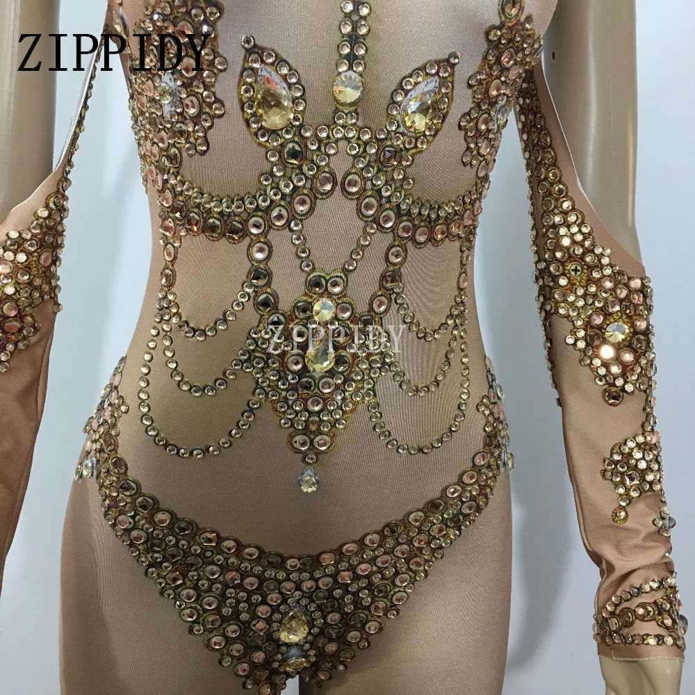 Sexy Gold Stones Nude Jumpsuits Big Stretch Rhinestones Bodysuit Nightclub Women Dance Show Prom Party Sexy One-piece Stage Wear