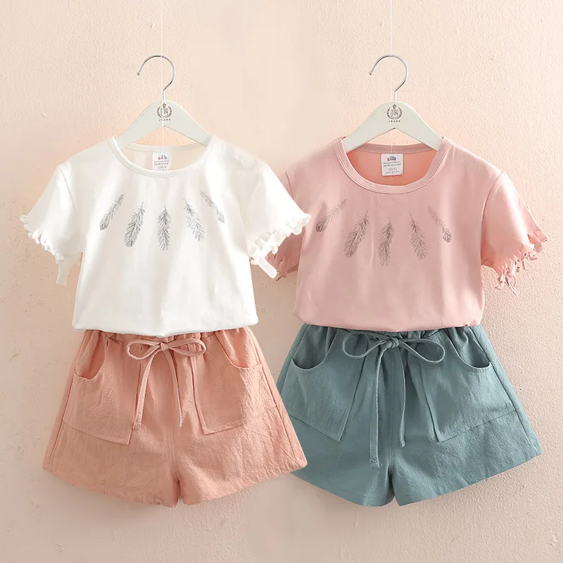 2024 Summer 3 4 6 8 10 Years Children Solid Color Cut Sleeve T-Shirt+Shorts Drawstring 2 Piece Tracksuit Kids Girl Clothing Set