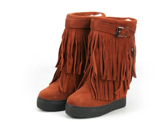 Women Mid-Calf Genuine Leather Suede Fringe Snow Boots Elevator Female Tassel Boots Height Increasing 12cm Plush Warm Shoes