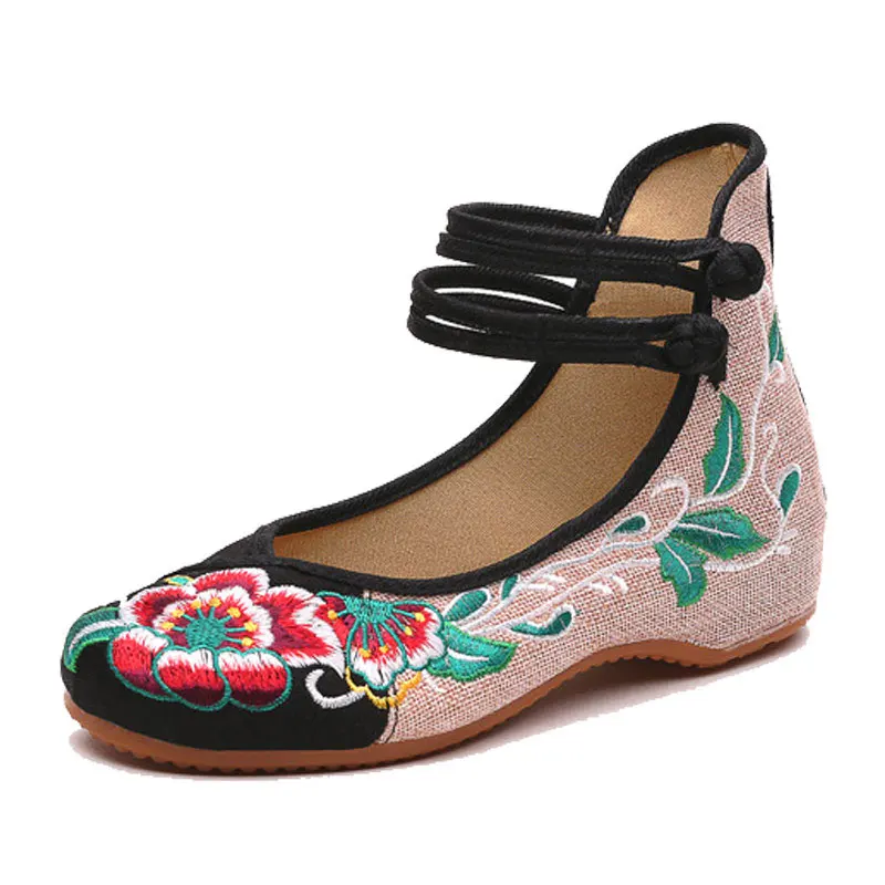 Veowalk Chinese Fashion Women\'s Shoes Old Peking Mary Jane Denim Flats Flower Embroidery Soft Sole Casual Shoes Plus Size 34-43