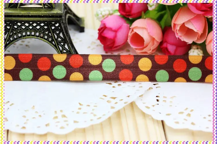 DHK 5/8'' 5yards Fold Over Elastic FOE polka thanks printed headband headwear hair band diy decoration OEM Wholesale C305