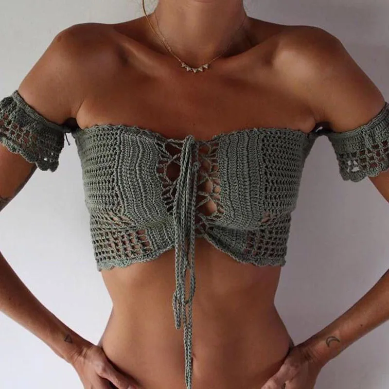 CROCHET BIKINI 2021 Women's Bikinis Top Bandage Hole -out Quaste Swimwear With Sleeves Summer Crochet Bathing Mode