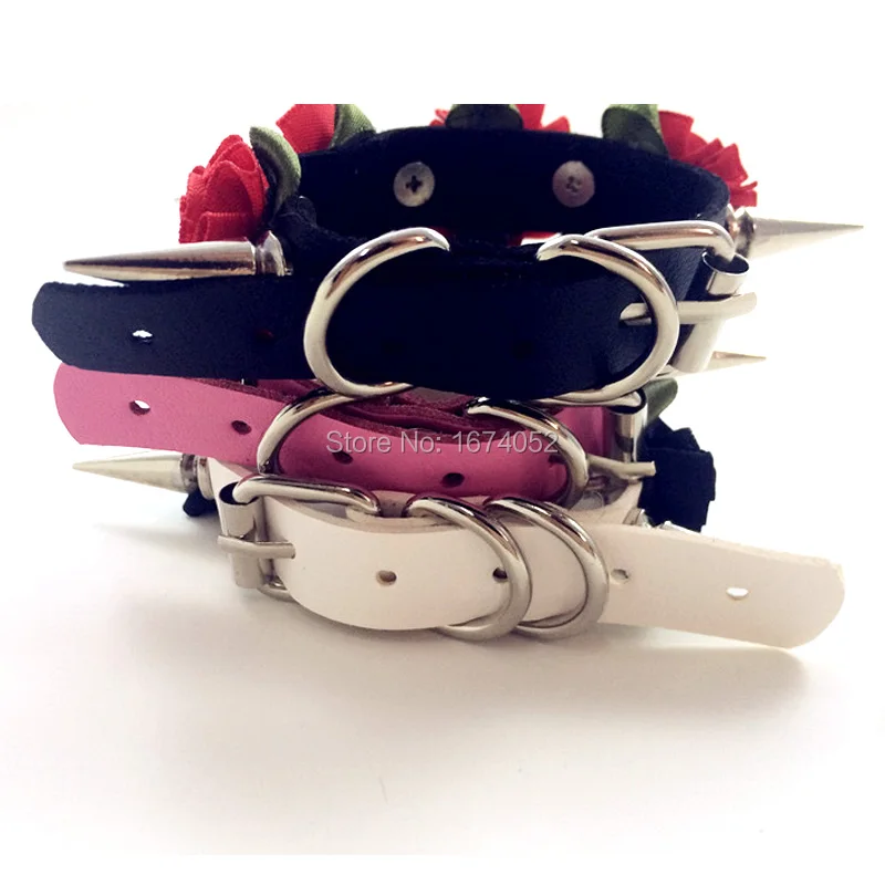 Cute Lolita Harajuku Handcrafted Rose Flower Long Spikes Leather Bangle Bracelet Wristlet Handcuff Hand Cuff