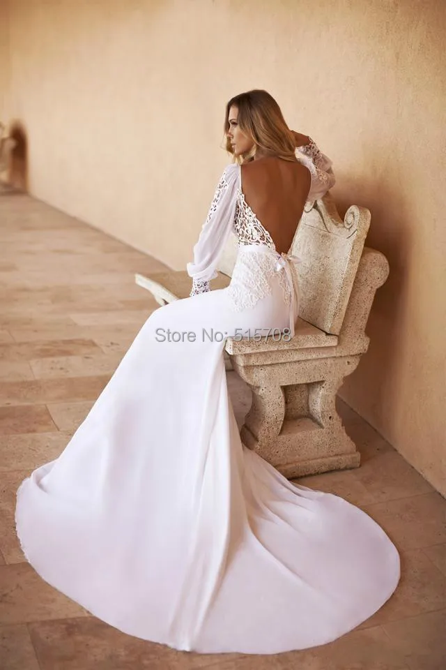 Design Wedding Gown Sexy Deep V Backless Lace Long Sleeves Bridal Gowns Chapel Train Custom Made Wedding Dresses