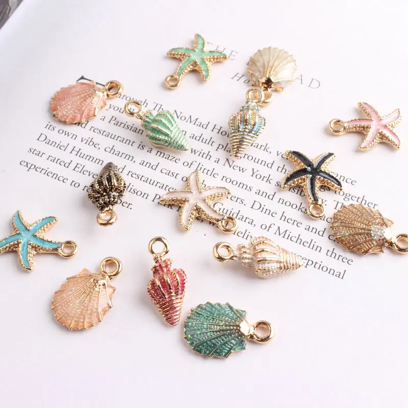 50PCS Alloy Metal Enamel Sea Starfish,Shell,Sea Charms Colorful Oil Drop Pendant for Jewelry Making Findings