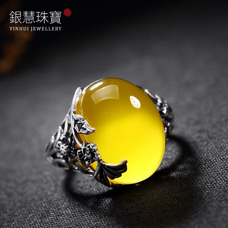 Luxury 100% genuine 990 Sterling Silver Rings For Women Retro real yellow Chalcedony S925 silver adjustable open ring for ladies