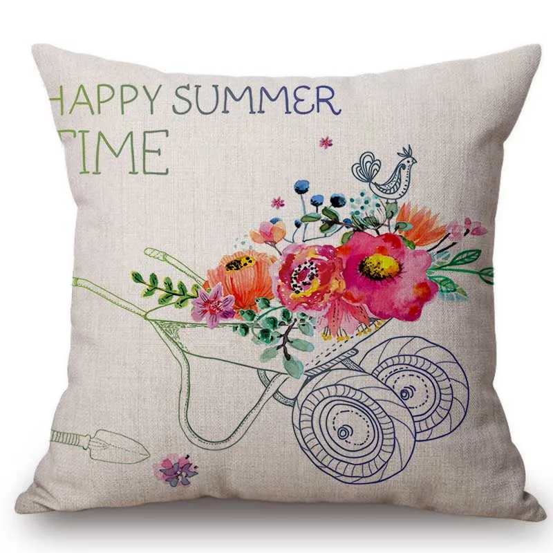 2023  Summer Watercolor Flower Bicycle Books Letter Print Sofa Throw Pillow For Home Decoration Nordic Linen Chair Cushion Cover