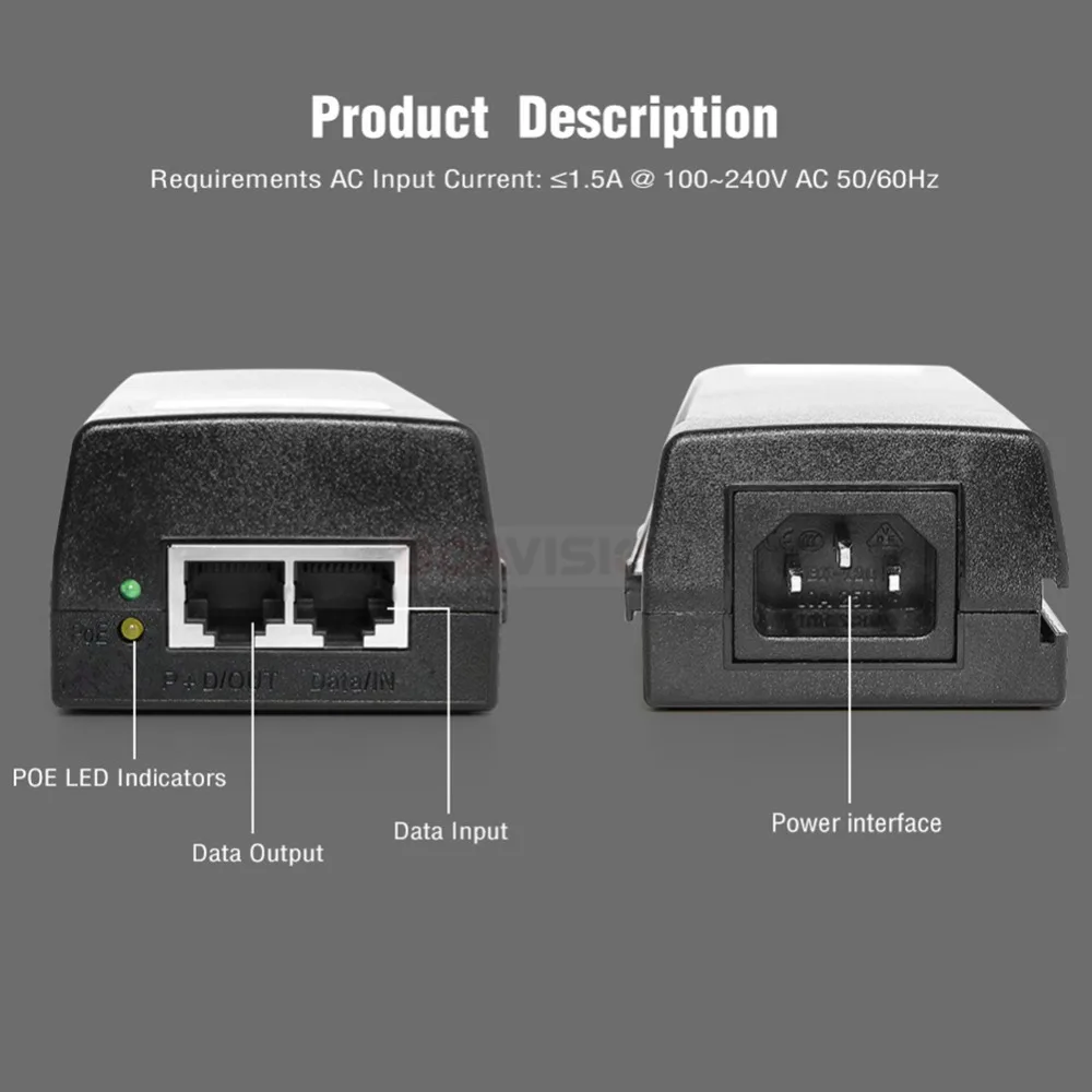 Injetor de alta potência poe, 1000mbps, gigabit, 60w, compatível com dc 54v, saída 100-240v, entrada poe, para cctv, ptz, câmera ip