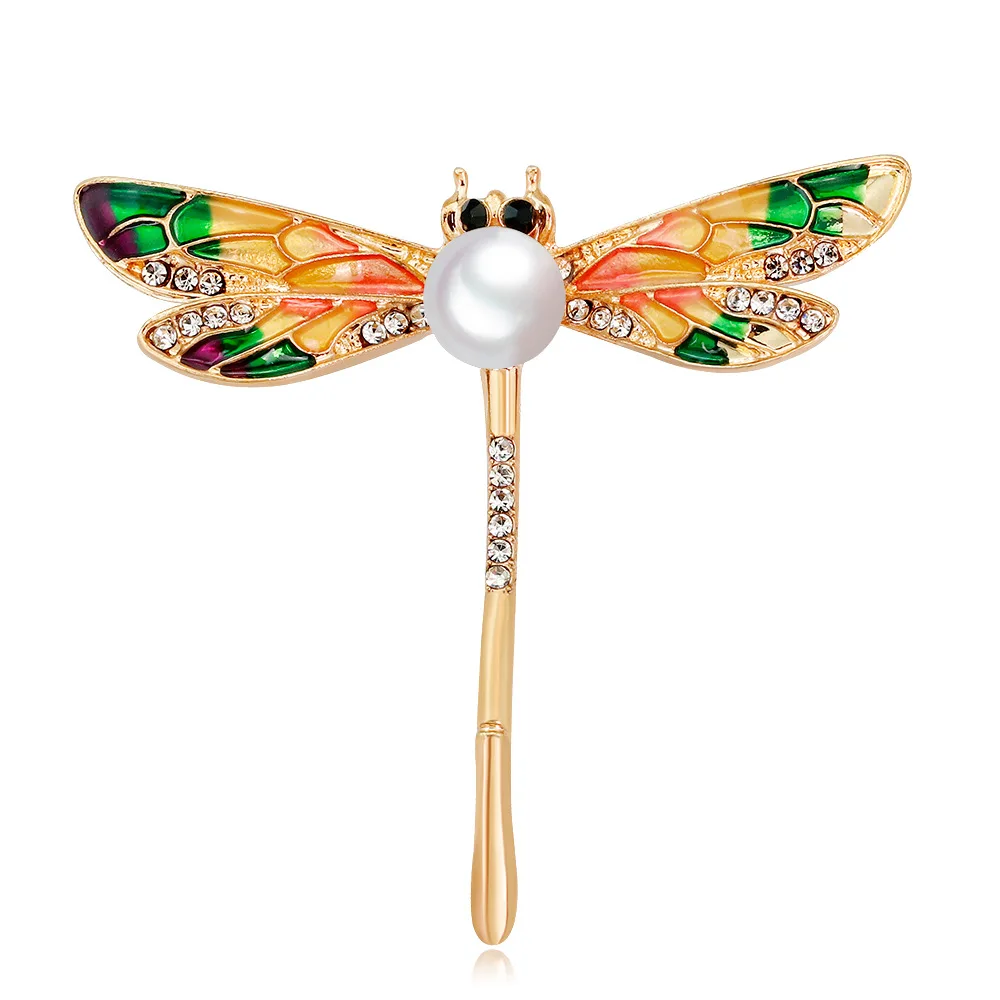 100pcs wholesale enamel dragonfly gold plated crystal acrylic rhinestone animal brooch pin