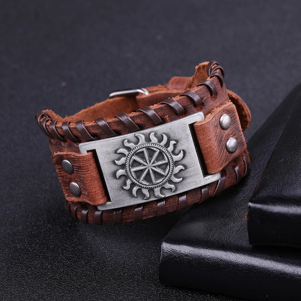 Skyrim Bracelets Slavic Symbol of Sun Amulet Genuine Leather Bangles for man Amulet Supernatural Talisman Jewelry