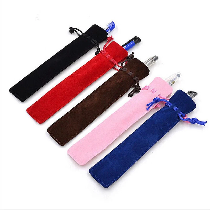 Wholesale 50 Pcs Thicken  Velvet Pen Pouch Holder Single Pencil Bag Pen Case With Rope For Rollerball /Fountain/Ballpoint Pen