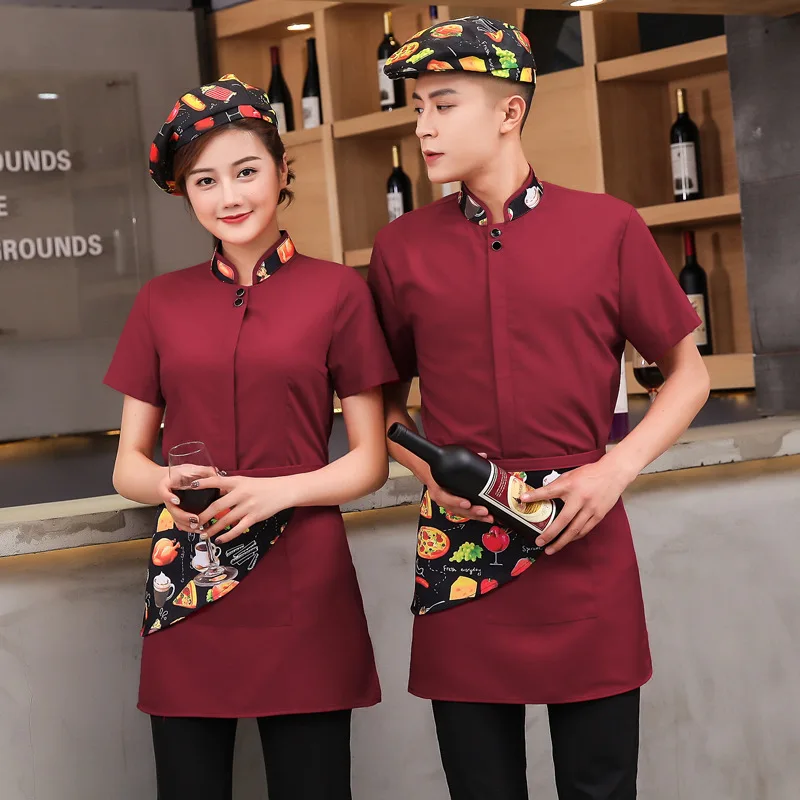 

Hotel Waitress Work Clothes Summer Women Restaurant Catering Staff Overalls Hotpot Shop Waiter Short Sleeves Uniform Coat H2231