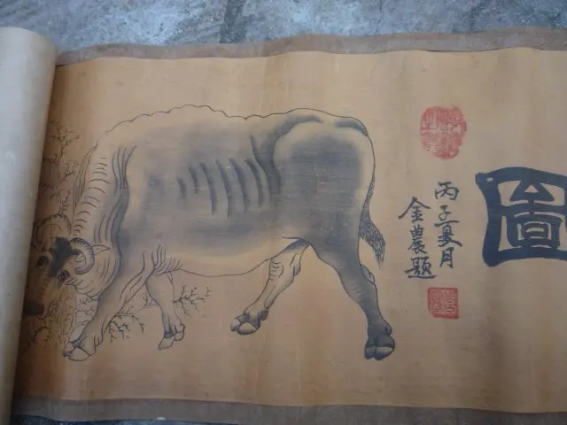 Hand-painted Chinese paintings,  long axis of the Qing Dynasty in China,five cows,L'225cm,