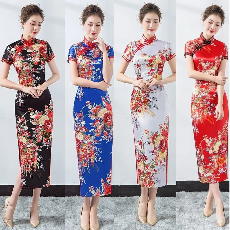 

Elegant Women Silky Satin Qipao NEW Slim Short Sleeve Cheong-sam Dress Traditional Chinese Evening Party Dress Vestidos