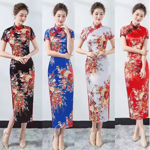Elegant Women Silky Satin Qipao NEW Slim Short Sleeve Cheong-sam Dress Traditional Chinese Evening Party Dress Vestidos