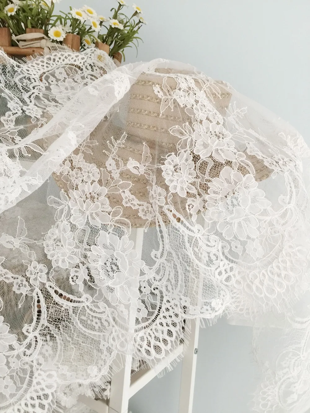 3 Yards Chantilly Frehcn Alencon Lace Fabric, Alencon Lace Fabric, Bridal Wedding Lace Fabric, Eyelash French Lace Fabric