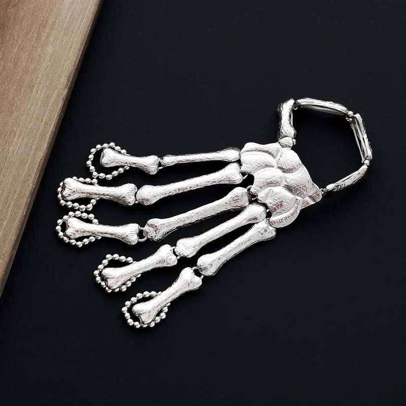 1pc Punk Ring Bracelet Integrated Skeleton Hand Bone Alloy Women's Jewelry Halloween Multi Occasion Birthday Gifts Cool Thing