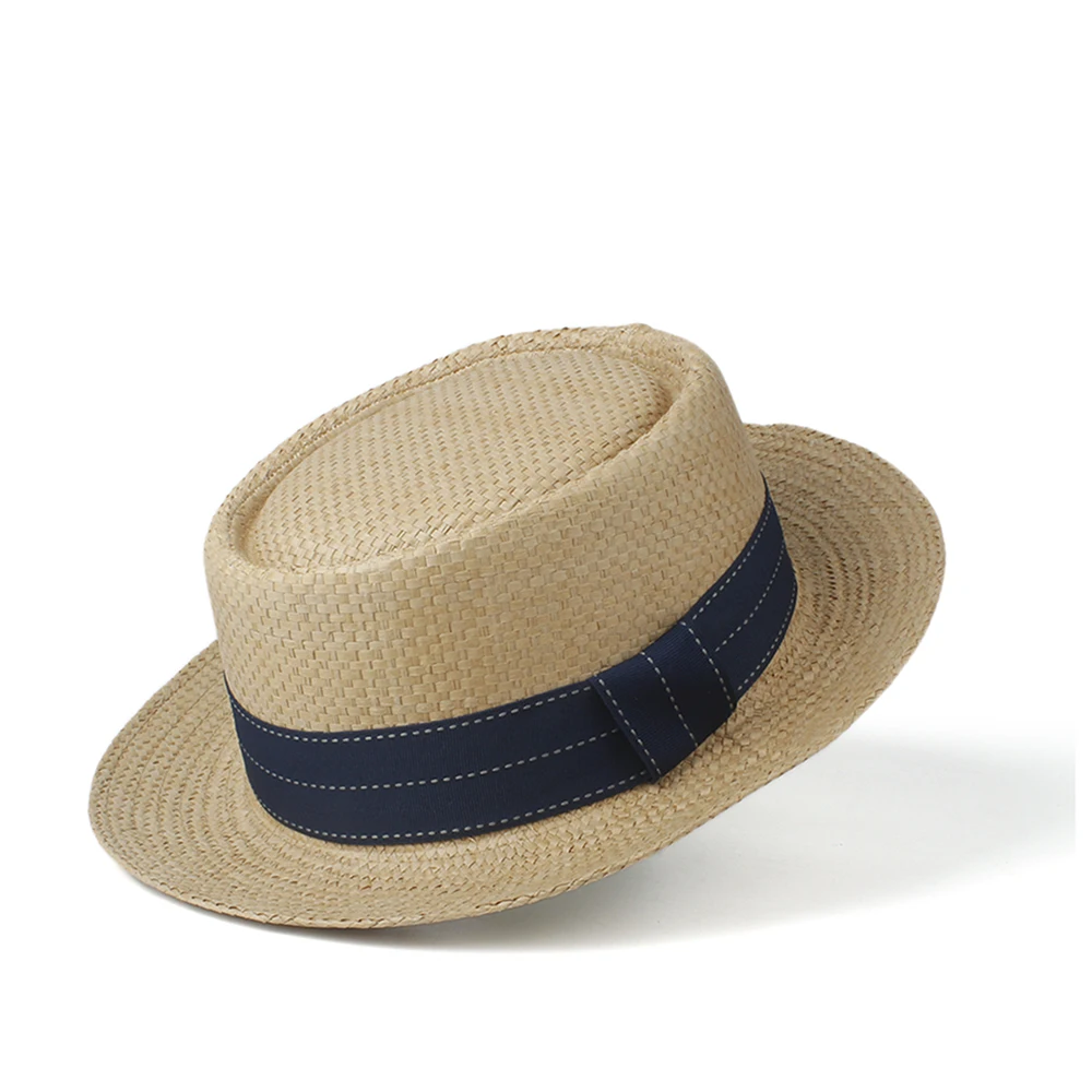 100% Straw Women Men Sun Hat Summer Pork Pie Hat Sunbonnet Hat Lady Flat Boater Beach Panama Sunhat Beach Hat Size 57-60CM