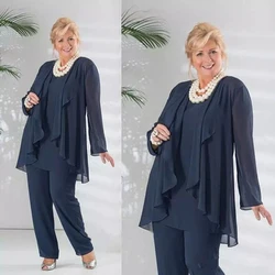 Customized Mother of the Bride Pant Suits Dark Navy Three Pieces Chiffon Long Sleeve  Pants Suit Plus Size Wedding Guest Dress