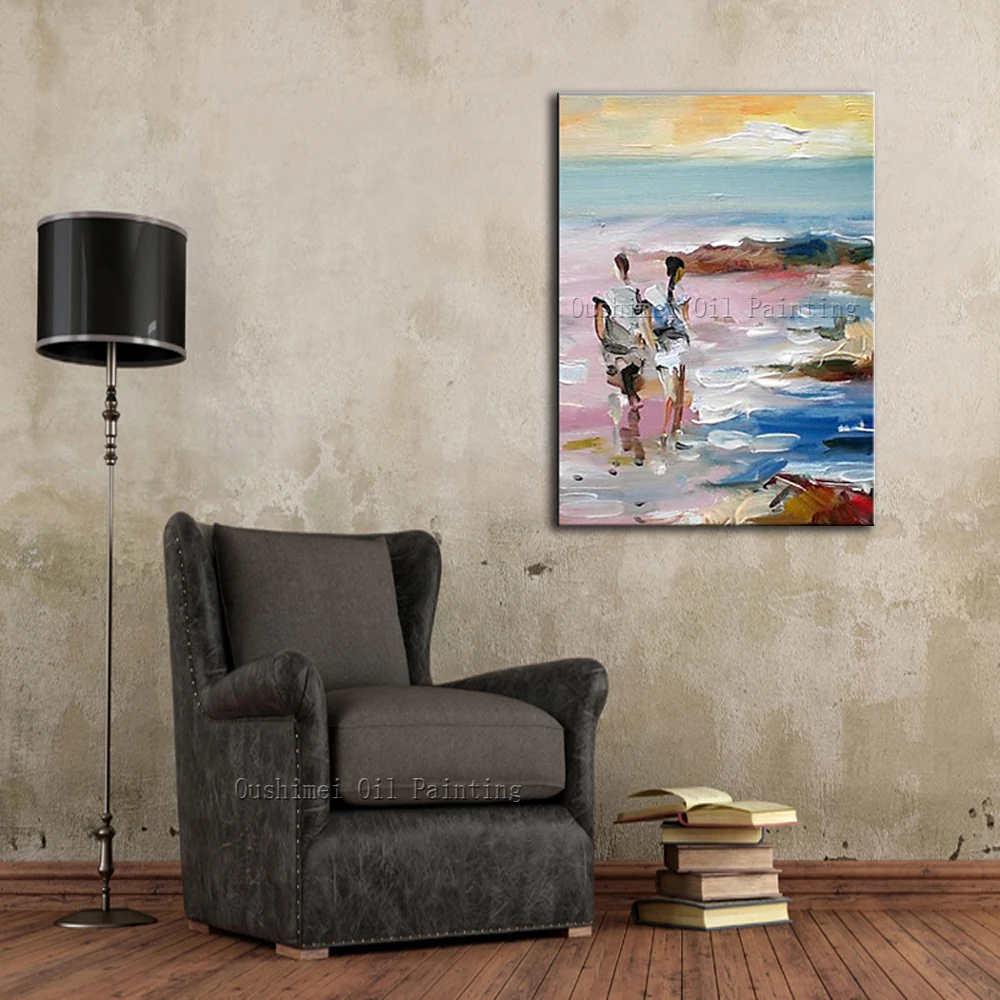 Skills Painter Team Handmade High Quality Cheap Abstract Knife Figure Painting On Canvas Walking On Beach Modern Oil Paintings