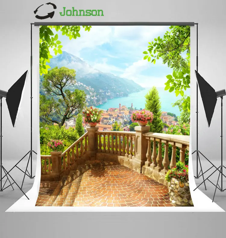 

Sky Clouds Mountain Flower Leaves Coastal Patio Village Tree backdrop polyester Vinyl cloth Computer print wedding Background