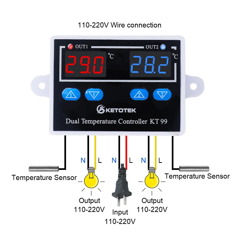 KT99 Doppio Termostato Digitale Termometro Regolatore di Temperatura-50 ~ 120 °C Riscaldamento Raffreddamento 12V 24V 110V 220V