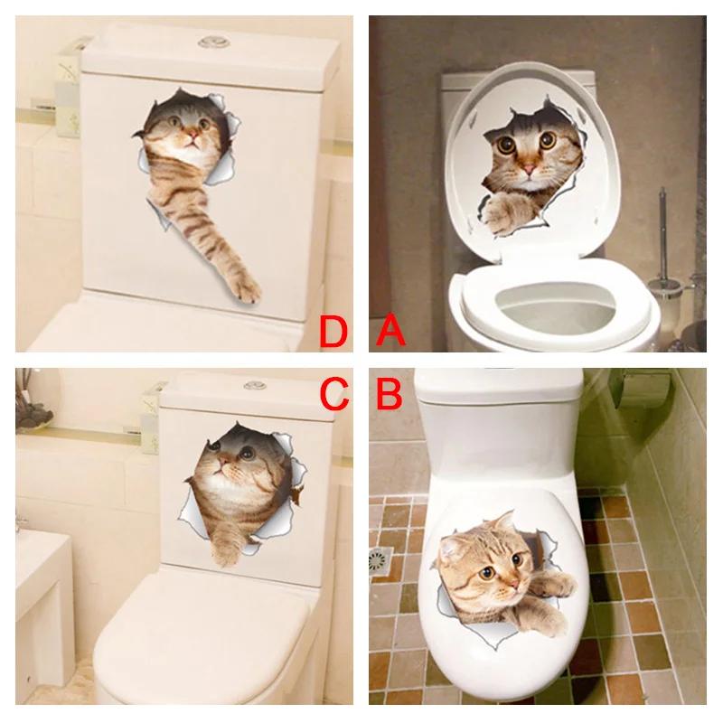 Lovely Kitten Toilet Stickers Wall Decals 3d Hole Cat Animals Mural Art Home Decor Refrigerator Posters