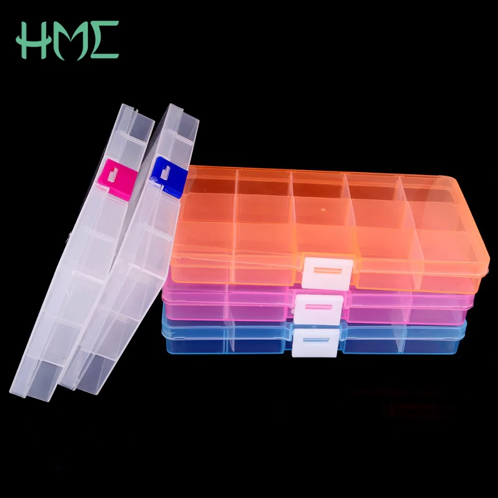 2017 NEW 17.4*9.8*2.2cm 15Cells 5 Colors  Button&Jewel Case Transparent Color DIY Organizer Box Splittable Plastic Storage Boxes