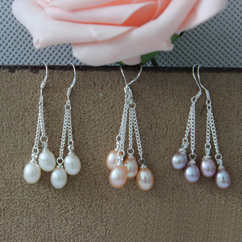 Pearl Earring Rice Freshwater Pearl Earring new European Natural White Pink Purple Beaded Pearl Charm Dangle 6-7mm Earrings