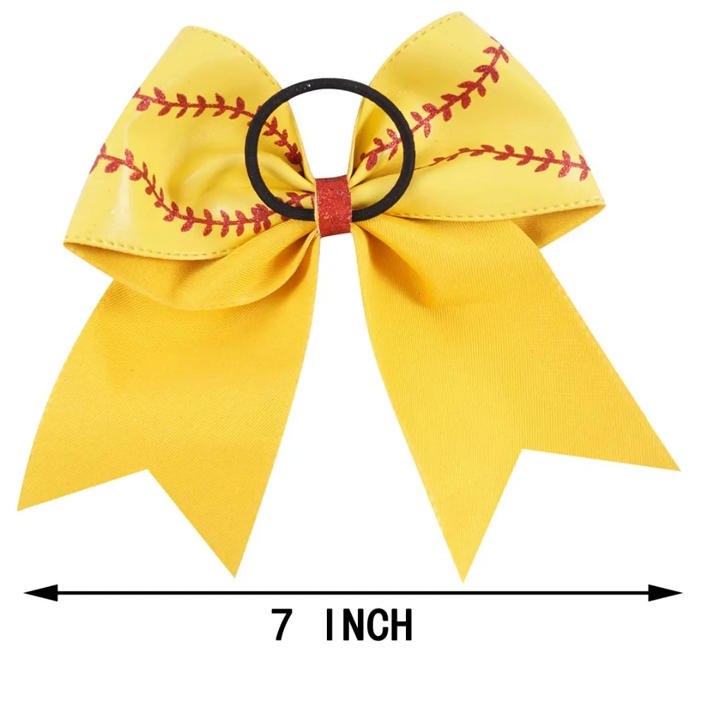 7'' Glitter Embroidery Leather Cheer Bow With Elastic Hair Band For School Girl Kid Softball Headwear Hair Accessories