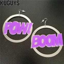 KUGUYS Pow Boom Round Earrings for Women Acrylic Jewelry Letter HipHop Punk Rock Drop Ear Accessories