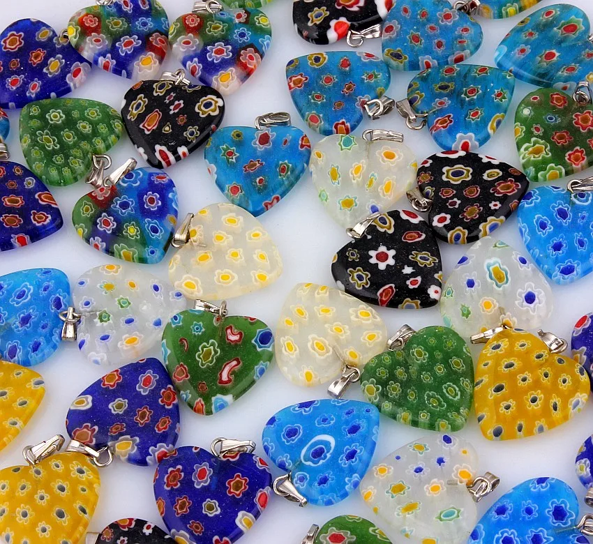 QianBei-Murano Glass Beads, Mix Color, Flower, Heart, Fit for European Charms, Wholesale, 20Pcs, Lot